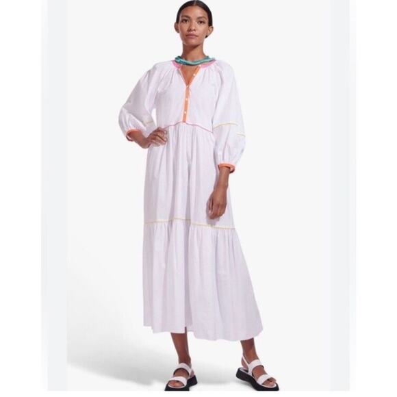 $345 STAUD Demi Dress Womens Large White Poplin Rainbow Tiered Maxi Lined Cotton - Picture 1 of 8